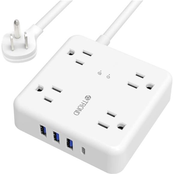Power Strip Surge Protector -Ultra Thin Flat Extension Cord 5ft w/ 4 USB Port - Picture 1 of 6